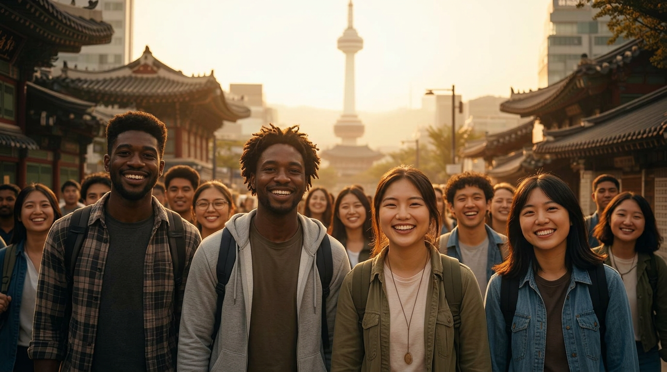 Diverse group of young adult pilgrims walking joyfully through Seoul, South Korea at golden hour