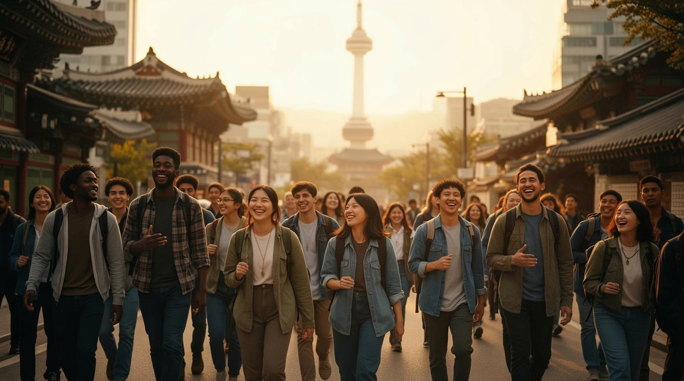 Diverse group of young adult pilgrims walking joyfully through Seoul, South Korea at golden hour